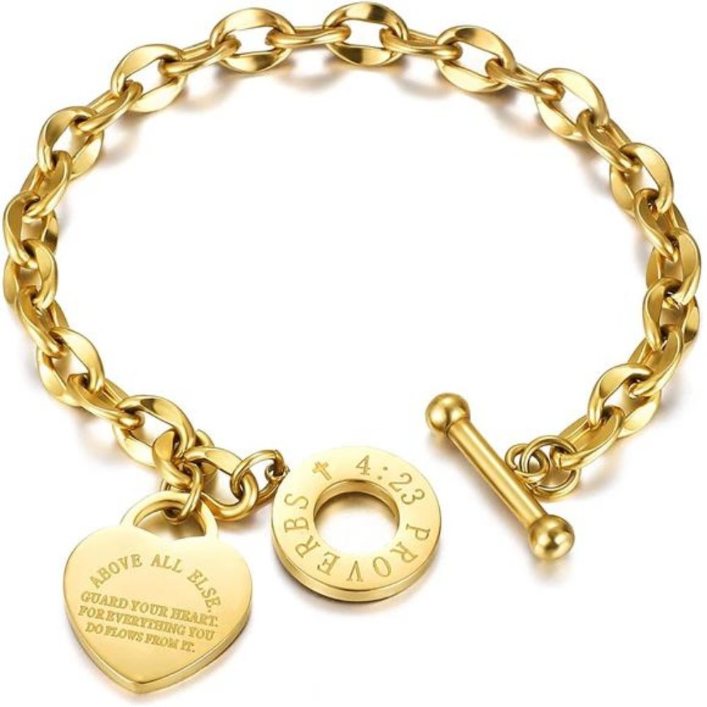 14K GOLD Heart Charm Bracelet Engraved Bible Verse Proverbs 4:23